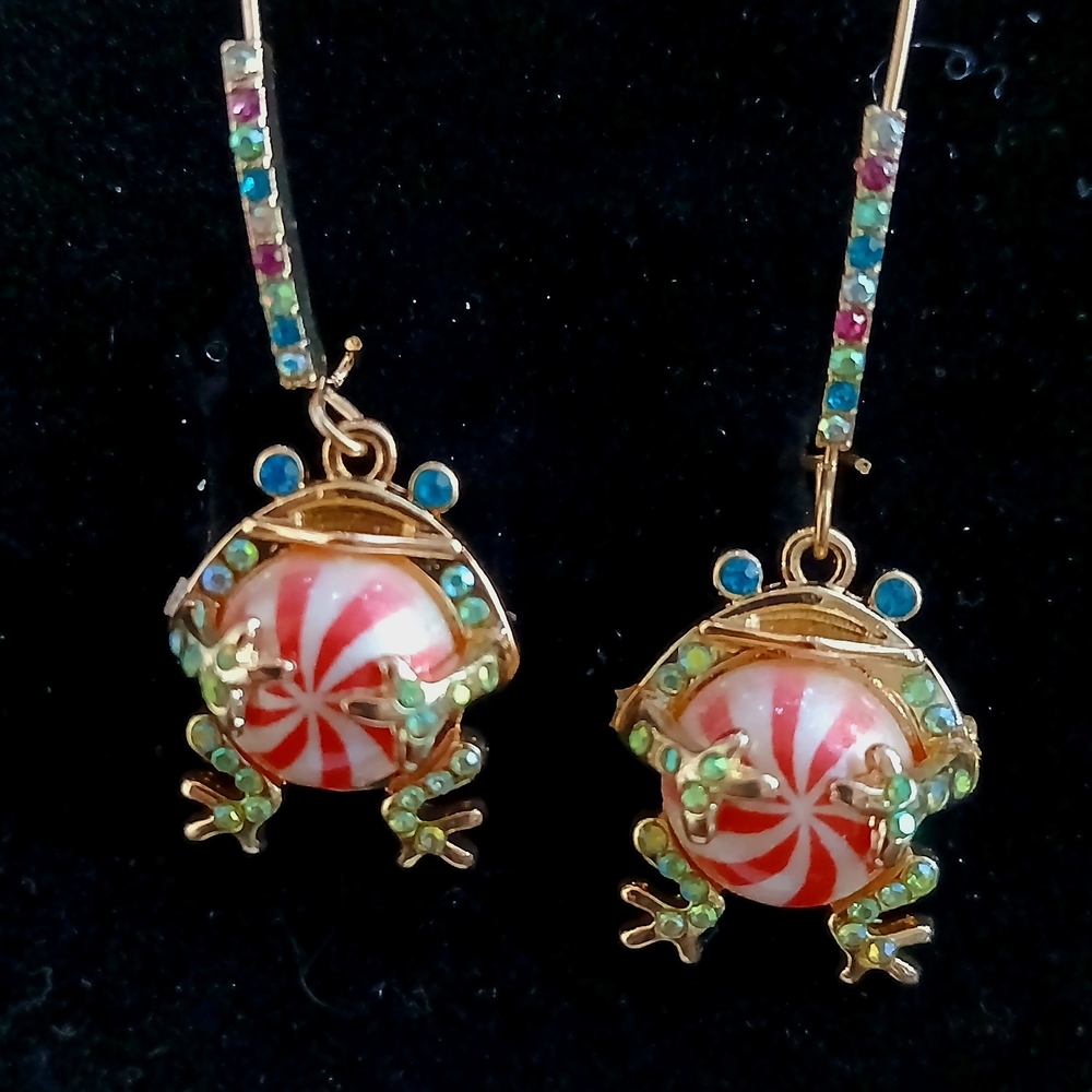 Gold Frog Earrings with Red and Green Accents